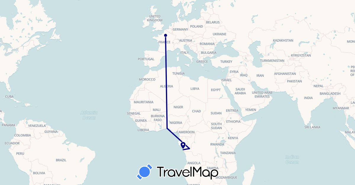 TravelMap itinerary: driving in Republic of the Congo, France, Nigeria (Africa, Europe)